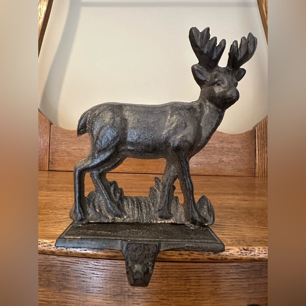 Decorate Reindeer Cast Iron Stocking Holder with Hook Old Bronze